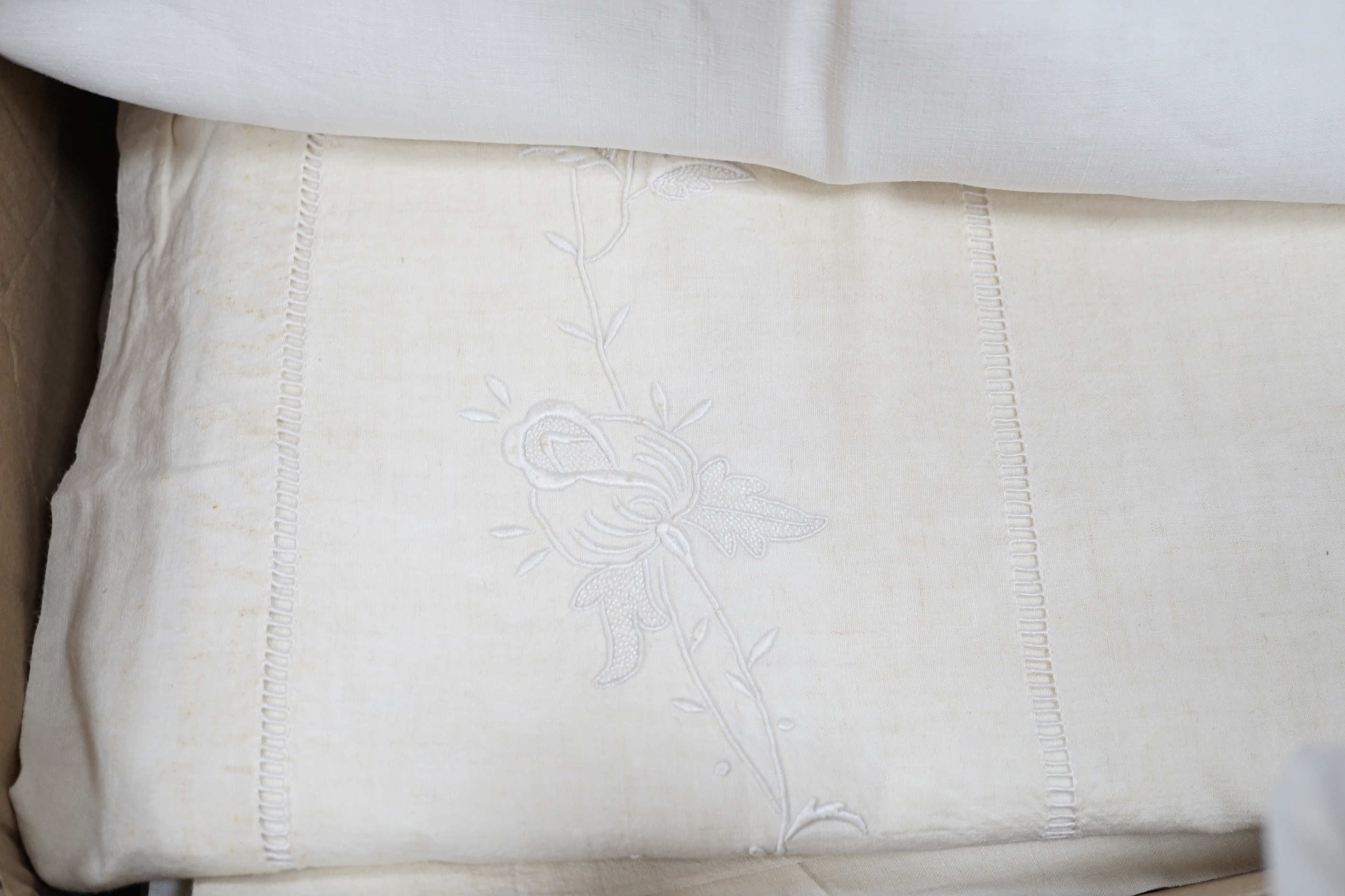 Eight French provincial coarse linen sheets and an embroidered sheet, a monogrammed sheet and an embroidered and monogrammed finer linen sheet (11)